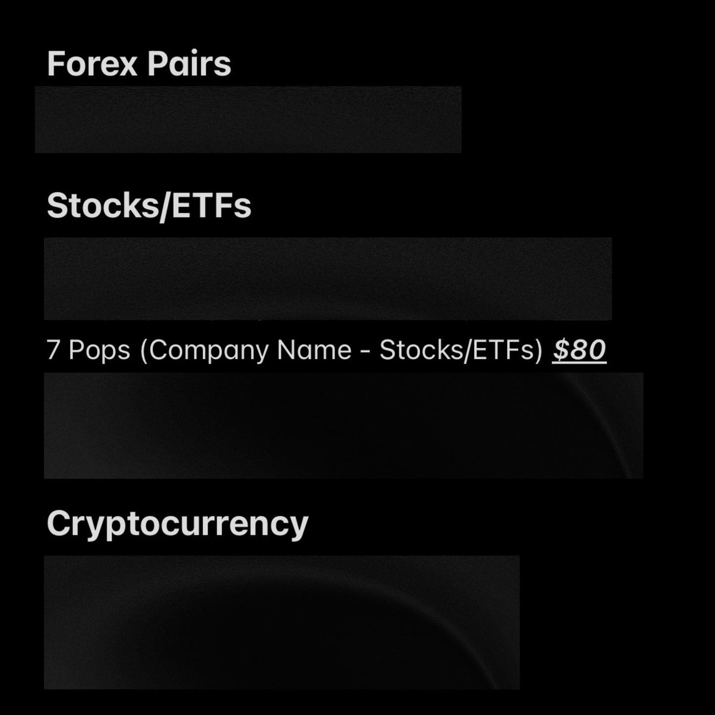 Menu or interface with options for Forex Pairs, Stocks/ETFs, and Cryptocurrency on a black background.