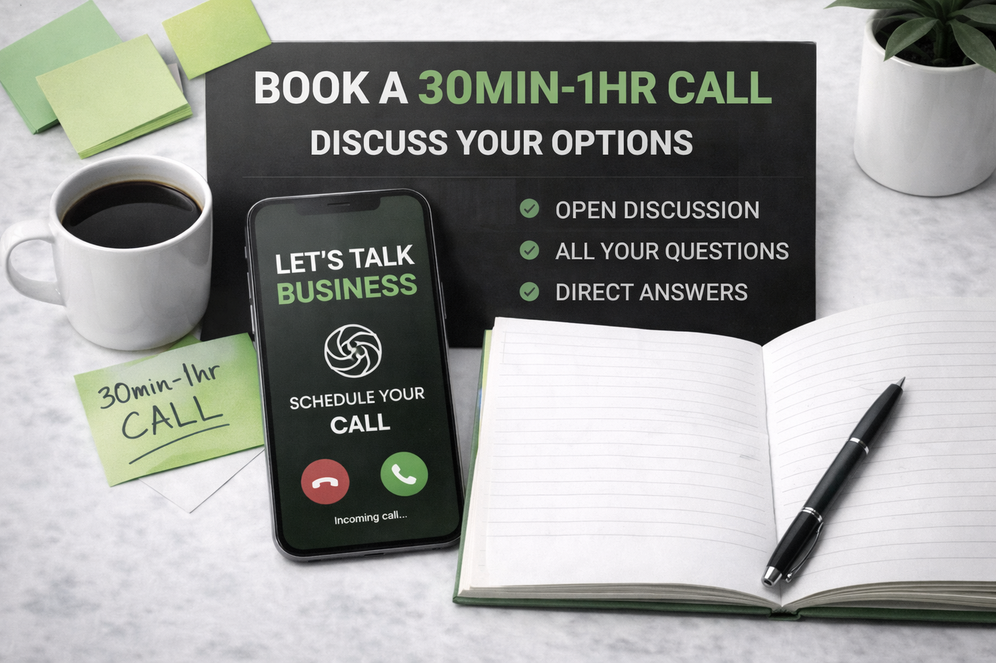 Promotional setup with phone, notebook, coffee cup, and text card for business calls on a desk.
