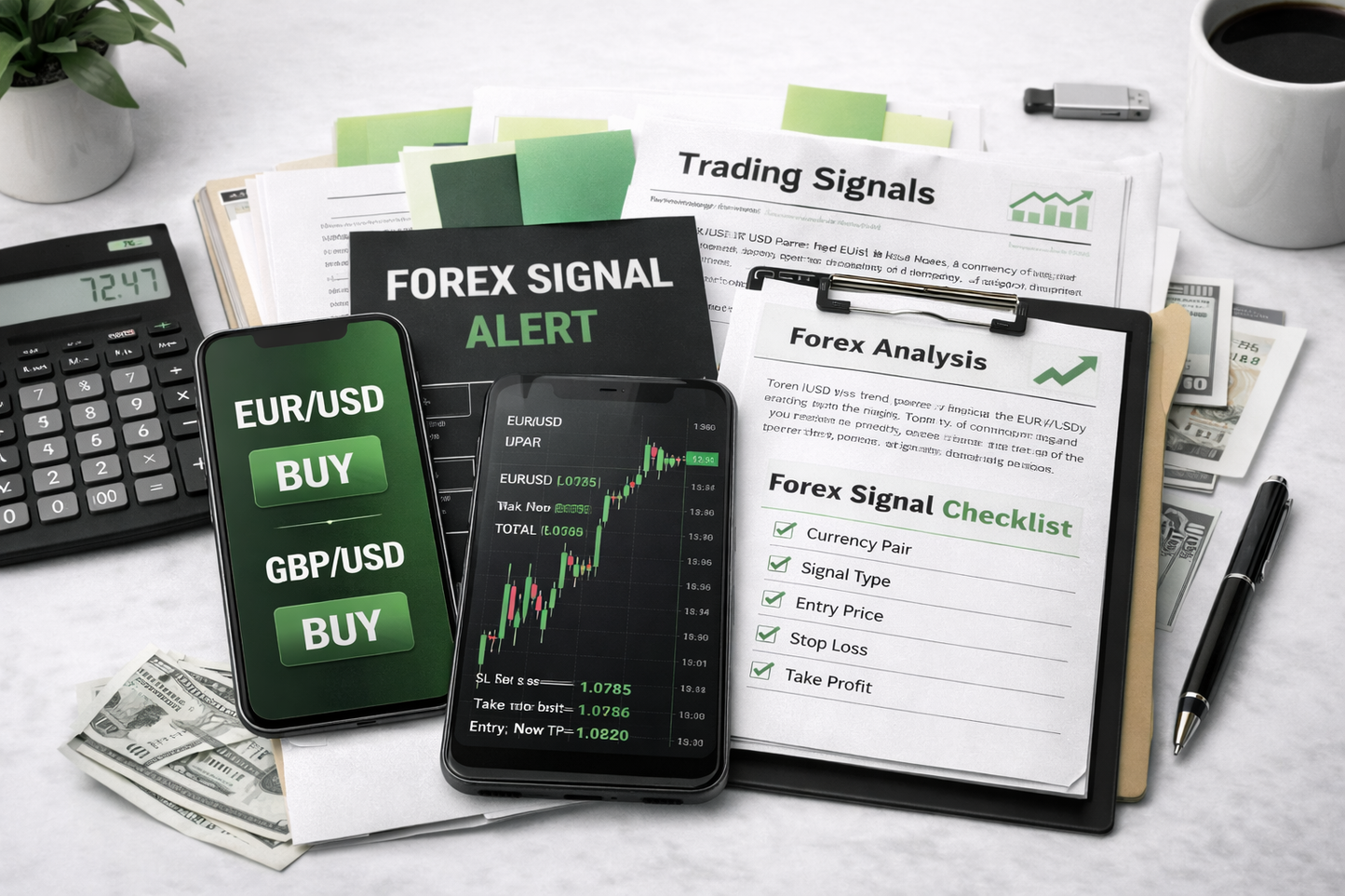 Trading signals and analysis materials on a desk with smartphone displaying forex information.