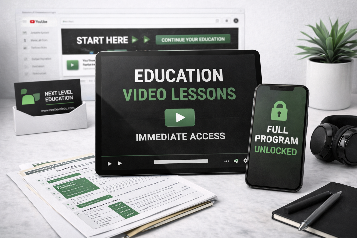 Educational materials including a tablet, smartphone, and printed documents on a desk.