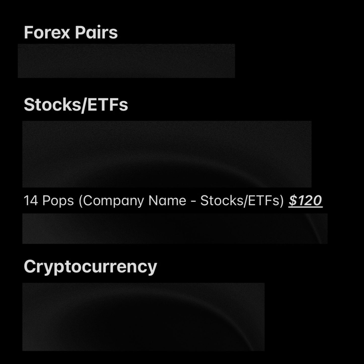 Menu or list of investment options including Forex Pairs, Stocks/ETFs, and Cryptocurrency on a black background.