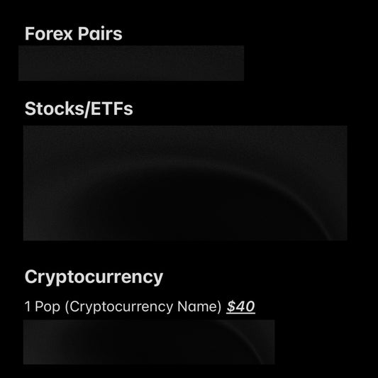 Menu or interface with options for Forex Pairs, Stocks/ETFs, and Cryptocurrency on a black background.