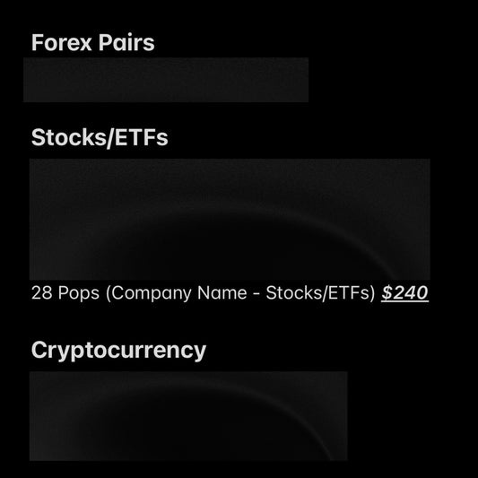 Menu or interface with options for Forex Pairs, Stocks/ETFs, and Cryptocurrency on a black background.