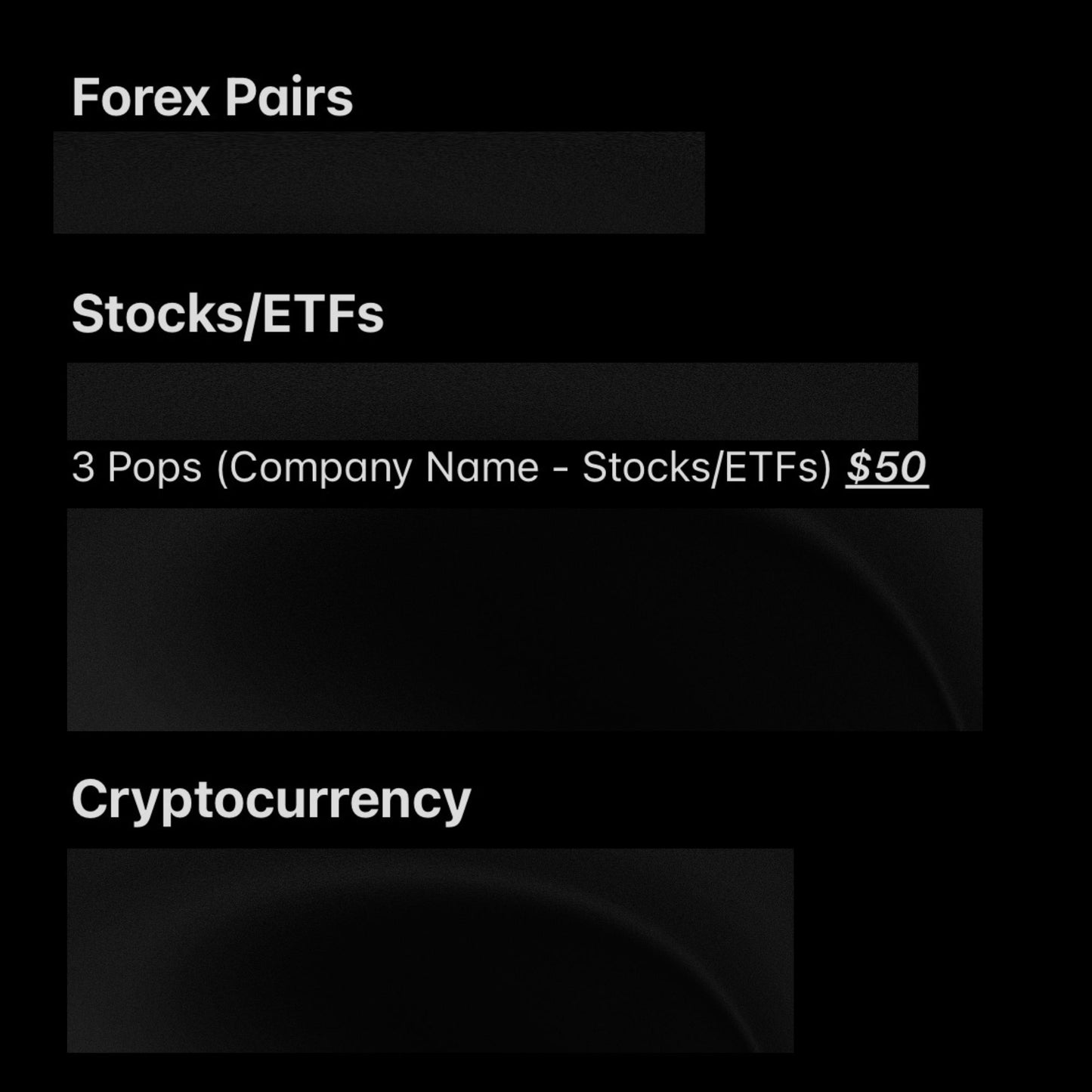 Menu or interface with options for Forex Pairs, Stocks/ETFs, and Cryptocurrency on a black background.