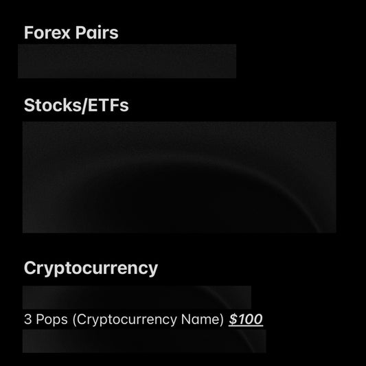 Categories of investments including Forex Pairs, Stocks/ETFs, and Cryptocurrency with a price tag on cryptocurrency section.