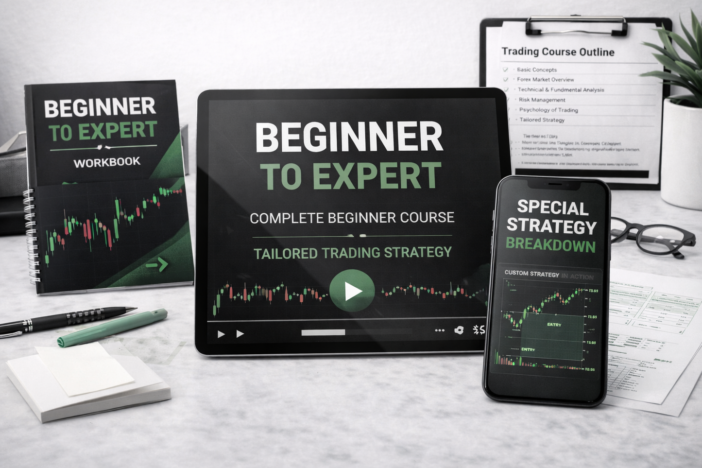 Trading educational materials including a tablet, smartphone, and workbook on a desk.