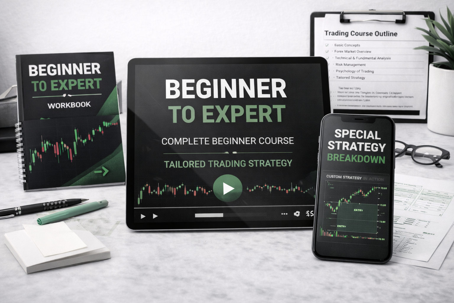 Trading educational materials including a tablet, smartphone, and workbook on a desk.