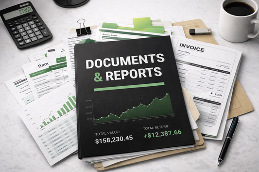 Book titled 'Documents & Reports' on a desk with financial documents, calculator, and coffee.