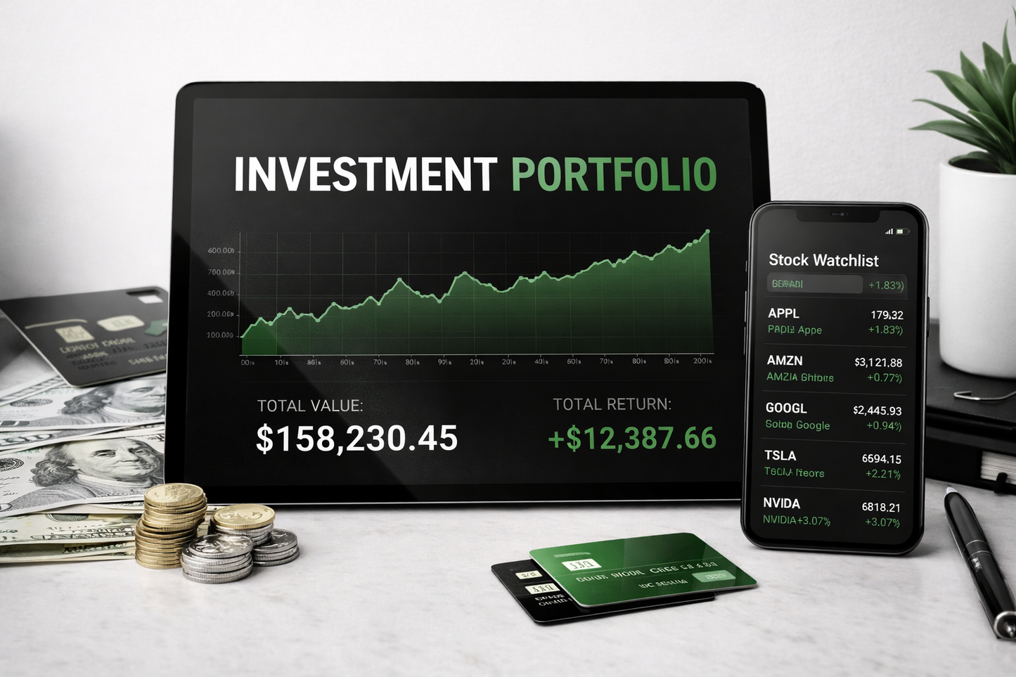 Tablet displaying 'Investment Portfolio' with financial data, smartphone with stock app, and money on a desk.