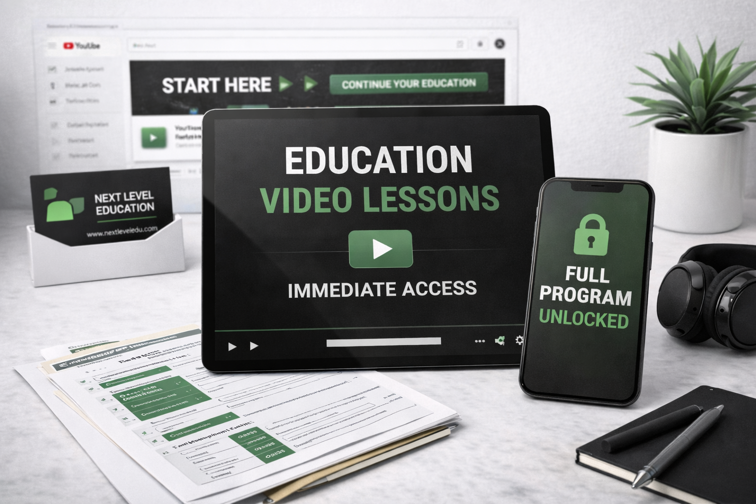 Educational materials including a tablet, smartphone, and printed documents on a desk.
