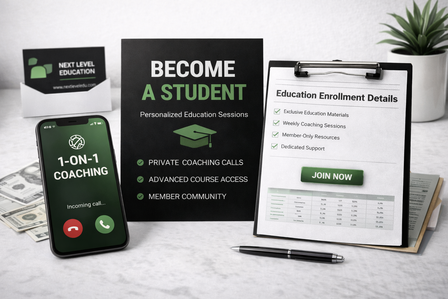 Promotional materials for educational services on a desk with phone, money, and plant.